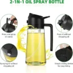 2-in-1 Kitchen Oil Spray Bottle with glass body, ergonomic design, fine mist spray, and pour option