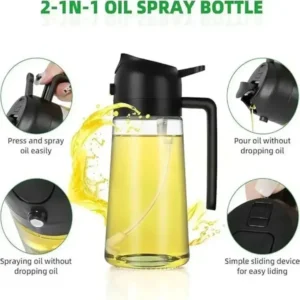 2-in-1 Kitchen Oil Spray Bottle with glass body, ergonomic design, fine mist spray, and pour option