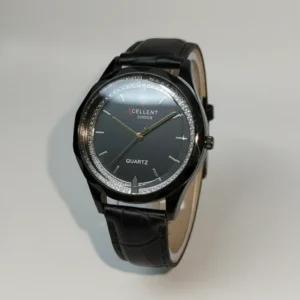 Black women’s quartz wristwatch with leather strap and minimalist dial.