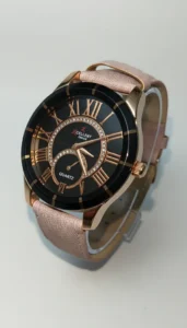 Xcellent Choice Women’s Analog Quartz Watch | Rose Gold Roman Numerals | Black Dial with Crystals | Premium Pink Leather Strap