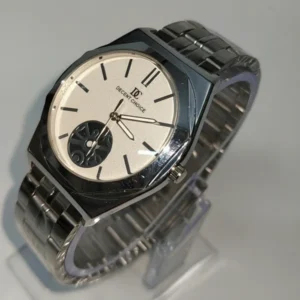 Decent Choice Men’s wristwatch with silver stainless steel strap, blue textured dial, gold-tone hour markers, and open-heart lower dial accent.