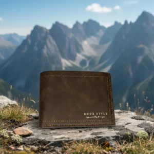 Brown Leather Wallet for Men placed on a rock with mountain background