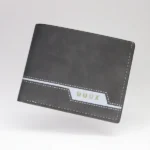 Grey leather wallet for men with white stitching and slim bifold design