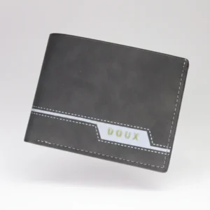 Grey leather wallet for men with white stitching and slim bifold design