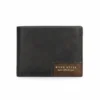 Black leather wallet for men with slim bifold design and brown corner patch detail