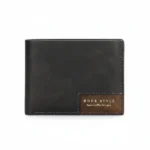 Black leather wallet for men with slim bifold design and brown corner patch detail