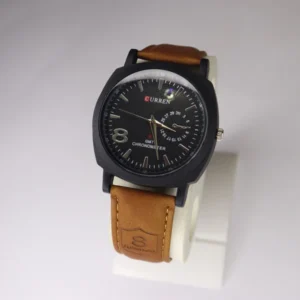 Curren black dial leather strap men’s analog watch with GMT display