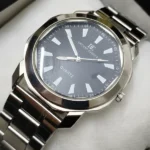 Black Dial Analog Watch with silver chain strap and quartz movement