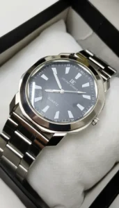 Black Dial Analog Watch with silver chain strap and quartz movement