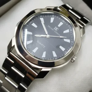 Black Dial Analog Watch with silver chain strap and quartz movement