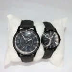 Black Couple Watch Set with matching leather straps and black dial