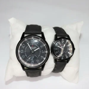 Black Couple Watch Set with matching leather straps and black dial
