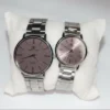 Silver Couple Watch Set with pink dial and silver chain strap