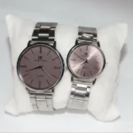 Silver Couple Watch Set with pink dial and silver chain strap