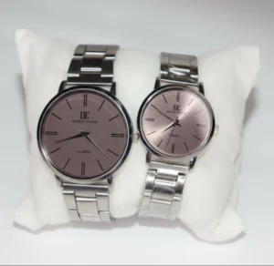 Silver Couple Watch Set with pink dial and silver chain strap