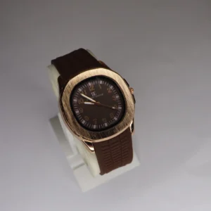 Brown leather strap watch for men with gold dial and round case