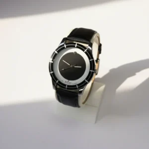 Minimalist dark dial watch for men with leather strap