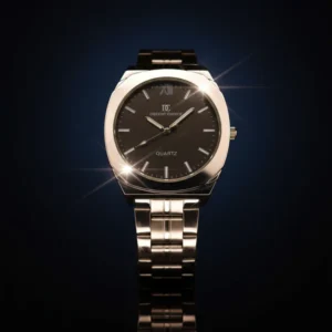 Black Quartz Wrist Watch for Men with stainless steel strap and black dial