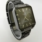 Square Black Quartz Watch for Men with stainless steel strap and crystal bezel