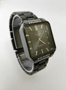 Square Black Quartz Watch for Men with stainless steel strap and crystal bezel