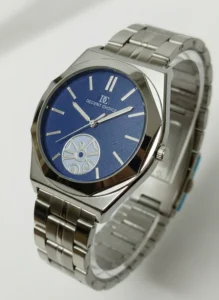 Blue dial metal strap watch for men with modern geometric case design