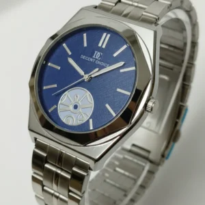 Blue dial metal strap watch for men with modern geometric case design