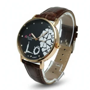 Black dial leather strap watch for women with gold case and heart design