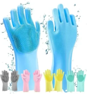 Pink Silicone Cleaning Gloves with built-in scrubber for dishwashing and multipurpose cleaning