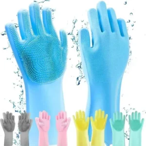 Pink Silicone Cleaning Gloves with built-in scrubber for dishwashing and multipurpose cleaning