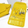 16 Piece Manicure Pedicure Set with yellow travel case and stainless steel nail care tools