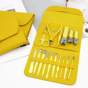 16 Piece Manicure Pedicure Set with yellow travel case and stainless steel nail care tools