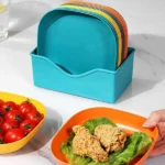Pastel plastic snack plates set with storage stand and reusable serving plates