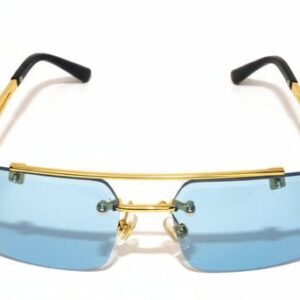Rimless blue lens sunglasses with luxury gold frame and designer detailing